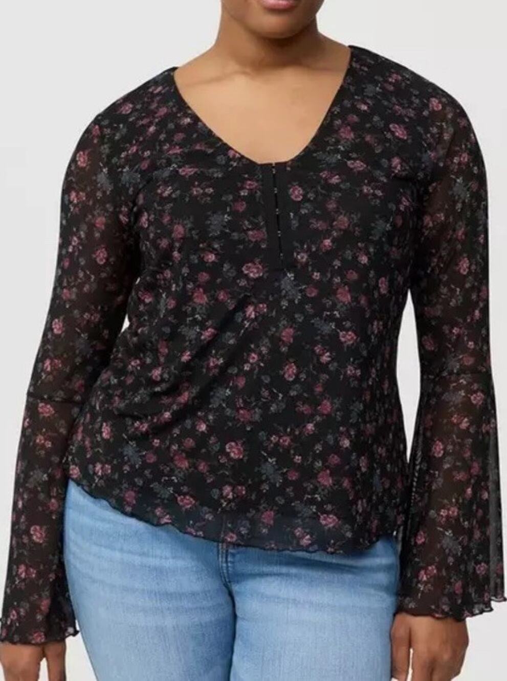 Torrid Stretch Mesh V-Neck Bell Sleeve Floral Top Deep Black Hooks Sz 00